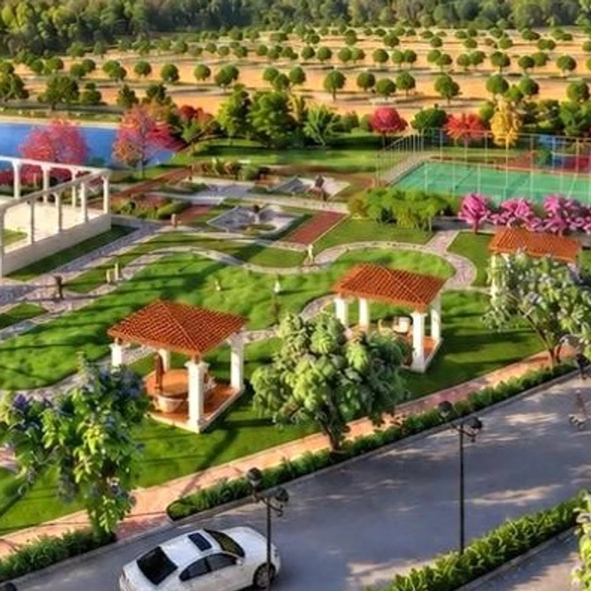 The pergola garden and gazebos in the Prestige Chapparakallu Road launch render The pergola garden and gazebos in the Prestige Chapparakallu Road launch render
